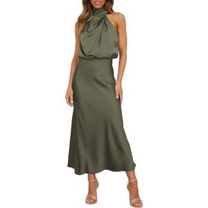 Women's Army Green Spring Summer Satin Sleeveless Elegant Formal Mock Neck Maxi